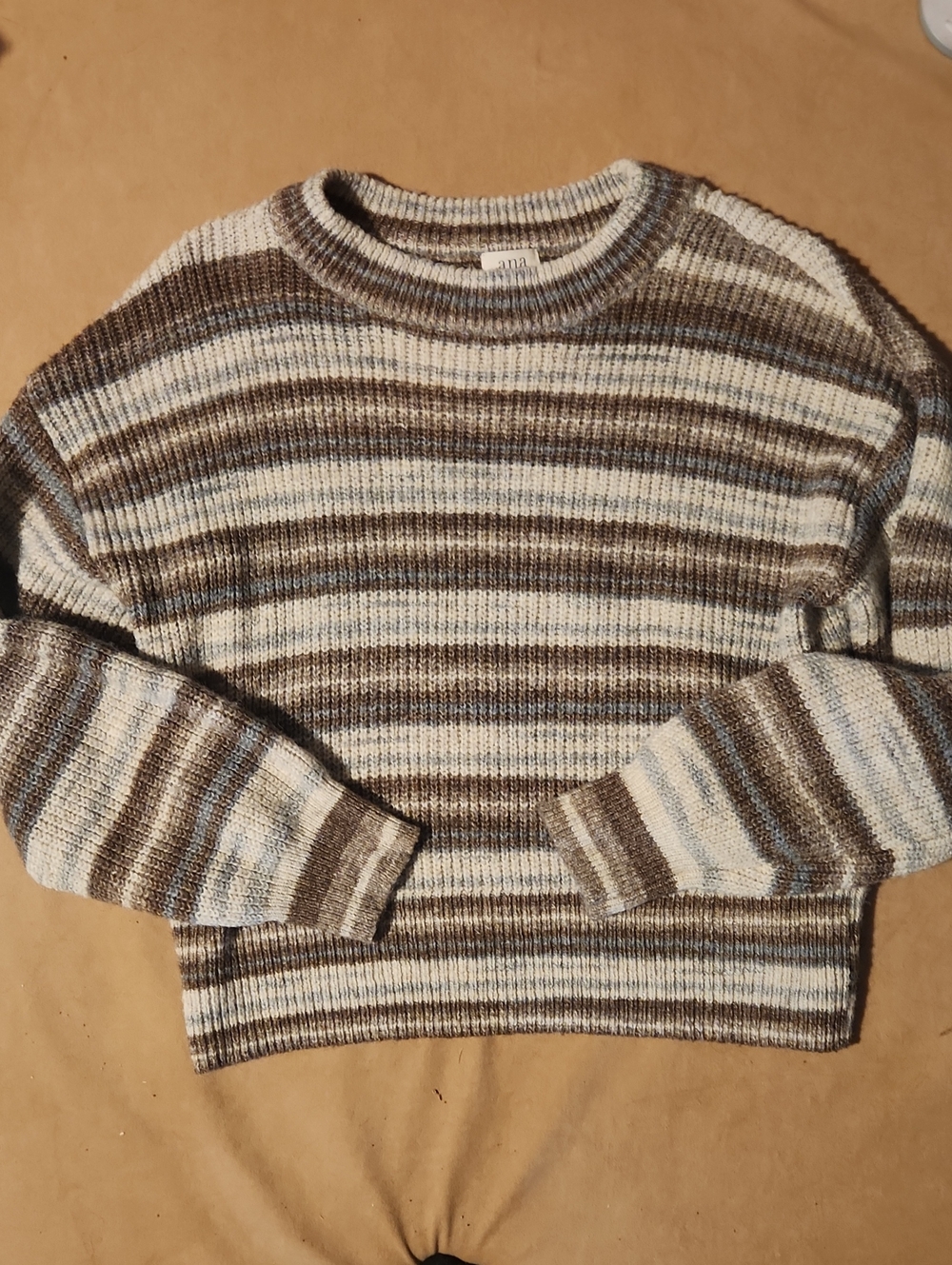 a.n.a Striped Crewneck Sweater in Brown, Cream & Light Blue